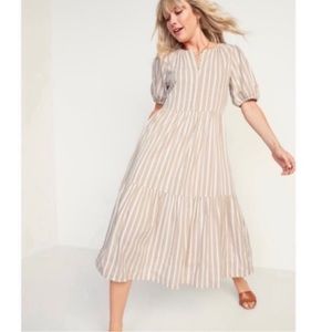 Old Navy Waist Defined Dobby Stripe Midi Dress Tan & White